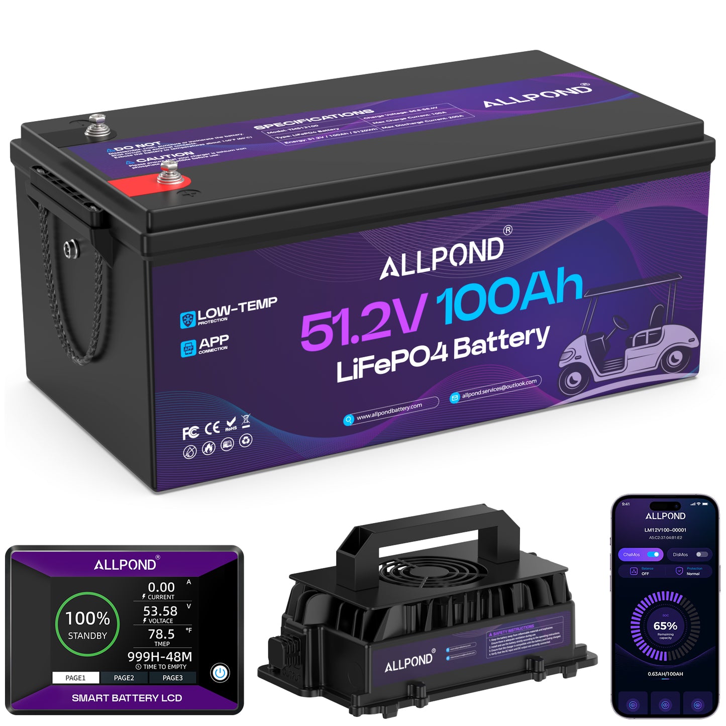 48V100Ah Lithium Golf Cart Battery, Built-in 200A BMS, 5,000+ Cycles Rechargeable LiFePO4 Battery, Max 7.68kW Continuous Power Output, Perfect for Golf Carts, Off-Grid, Home Energy, Trolling Motor,etc