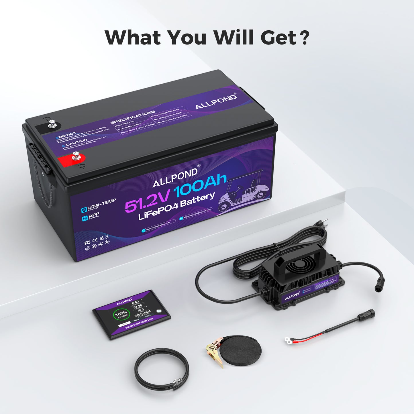 48V100Ah Lithium Golf Cart Battery, Built-in 200A BMS, 5,000+ Cycles Rechargeable LiFePO4 Battery, Max 7.68kW Continuous Power Output, Perfect for Golf Carts, Off-Grid, Home Energy, Trolling Motor,etc
